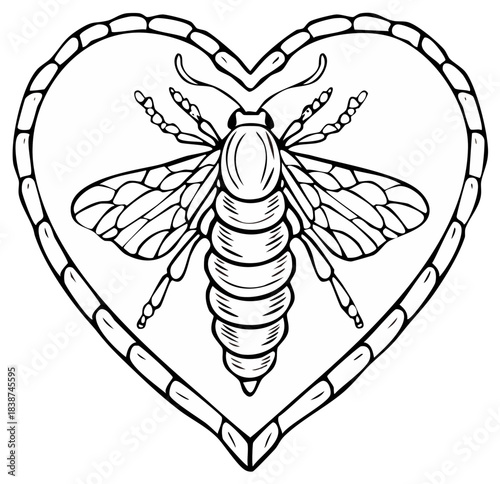 Stylized bee or wasp insect with intricate wings and body inside a decorative segmented heart vector line art illustration