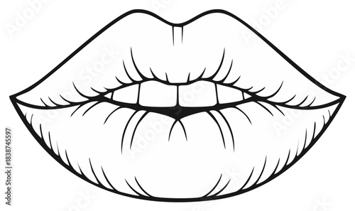 Outline of Smiling Lips with Teeth Black and White