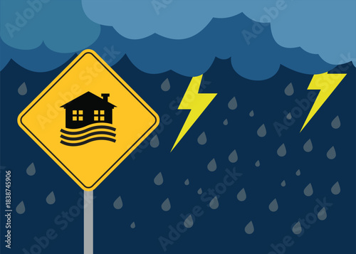 Flood Warning Ahead. Heavy storm with heavy rain and lightning signaling risk of flooding in housing areas