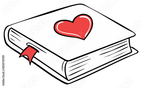 A cute cartoon drawing of a love story book or romantic diary with a red heart on the cover and a bookmark