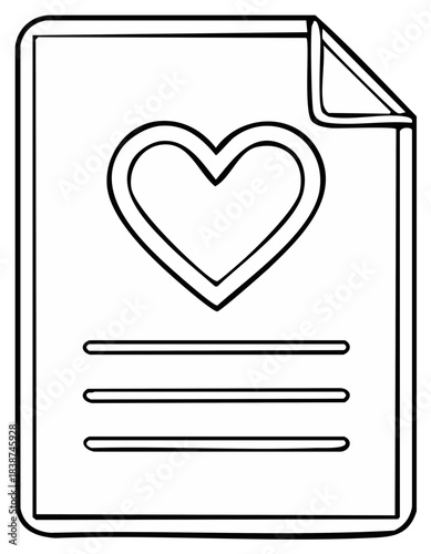 Simple outline illustration of a document with a heart shape and lines