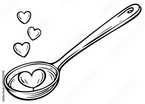 Hand drawn spoon with hearts, a romantic concept illustration of a love potion or cooking with affection.
