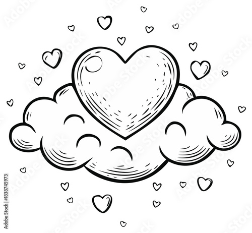 Stylized Heart in a Cloud Surrounded by Hearts, Vector Doodle