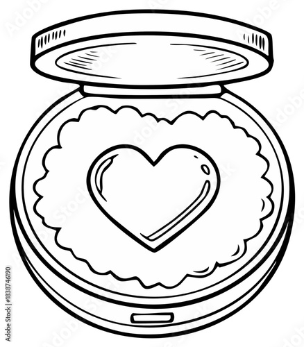 Hand drawn line art illustration of an open cosmetic compact with a heart impression in the face powder