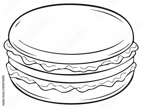 A simple black and white line art illustration of a French macaron cookie dessert for a coloring page