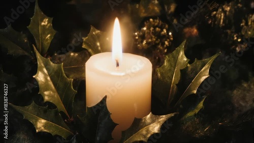 A lit candle in holly leaves. Warm light illuminates the scene against a dark background