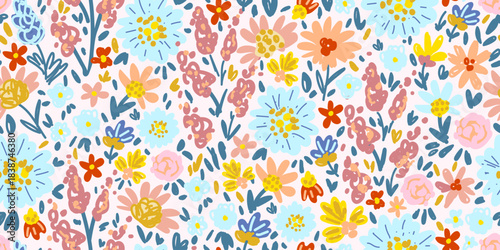 Bright summer floral vector seamless pattern. Colorful flowers on a light background. For fabric prints, textile products, and clothing.