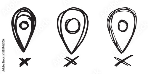 Set of hand drawn map pin Map marker pointer sign GPS and mapping tools Location pin symbol Pinpoint clipart in doodle style Single element for web, design