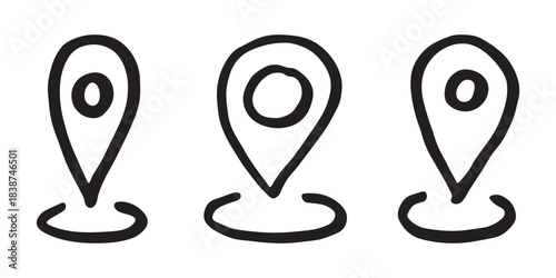Set of hand drawn map pin Map marker pointer sign GPS and mapping tools Location pin symbol Pinpoint clipart in doodle style Single element for web, design