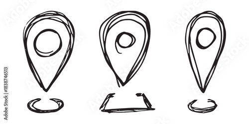 Set of hand drawn map pin Map marker pointer sign GPS and mapping tools Location pin symbol Pinpoint clipart in doodle style Single element for web, design