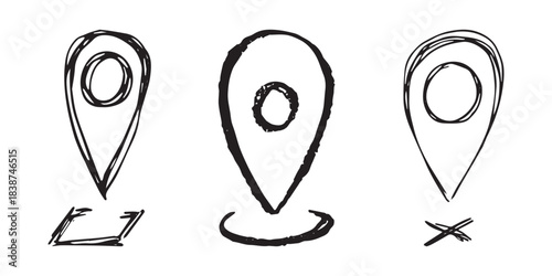 Set of hand drawn map pin Map marker pointer sign GPS and mapping tools Location pin symbol Pinpoint clipart in doodle style Single element for web, design