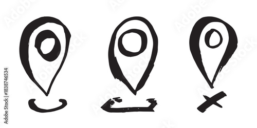 Set of hand drawn map pin Map marker pointer sign GPS and mapping tools Location pin symbol Pinpoint clipart in doodle style Single element for web, design