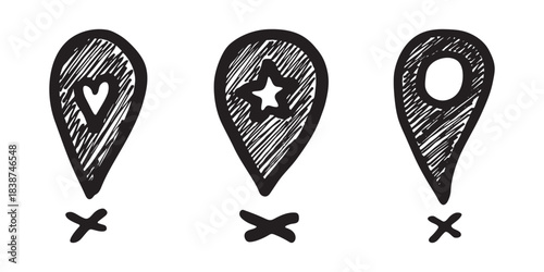 Set of hand drawn map pin Map marker pointer sign GPS and mapping tools Location pin symbol Pinpoint clipart in doodle style Single element for web, design