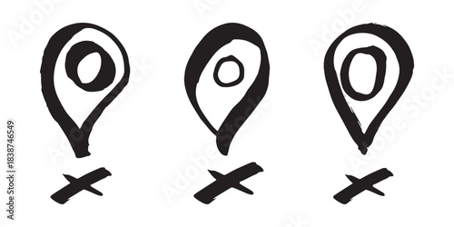 Set of hand drawn map pin Map marker pointer sign GPS and mapping tools Location pin symbol Pinpoint clipart in doodle style Single element for web, design