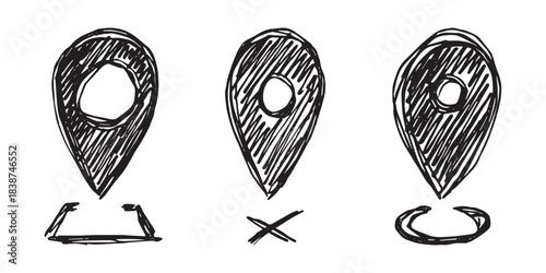 Set of hand drawn map pin Map marker pointer sign GPS and mapping tools Location pin symbol Pinpoint clipart in doodle style Single element for web, design