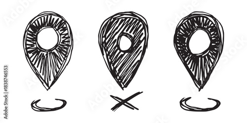 Set of hand drawn map pin Map marker pointer sign GPS and mapping tools Location pin symbol Pinpoint clipart in doodle style Single element for web, design