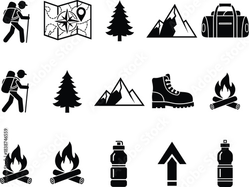 Outdoor hiking and camping icons including hiker, map, pine tree, mountain, backpack, boot, campfire, water bottle, and arrow, perfect for adventure designs.