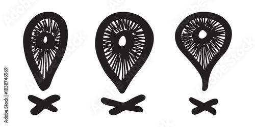 Set of hand drawn map pin Map marker pointer sign GPS and mapping tools Location pin symbol Pinpoint clipart in doodle style Single element for web, design