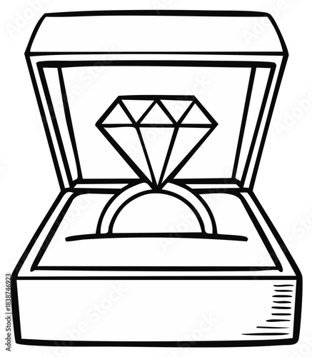 Diamond ring inside an open jewelry box simple line art illustration for engagement or proposal