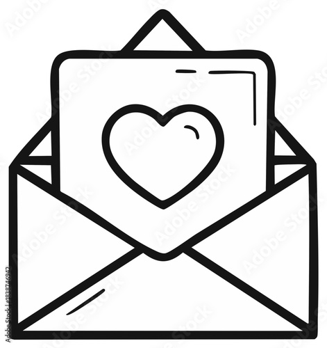 Hand drawn sketch of an open envelope with a heart card
