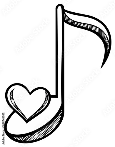 Musical Note with Heart Motif: Hand-Drawn Symbol for Love of Music and Artistic Expression