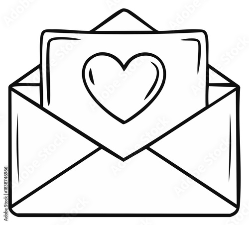Hand-drawn open envelope with heart symbol on a card inside