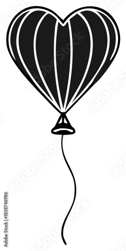 Black and white heart-shaped hot air balloon illustration with decorative stripes and string