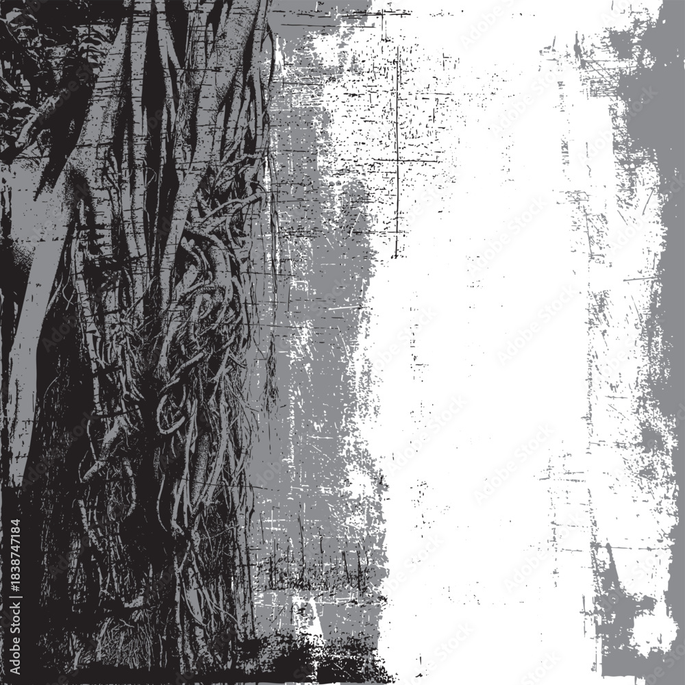 Fototapeta premium Vector texture with a realistic tree, banyan, or ficus with roots and branches in a gothic or grunge style. Space for text. Magical, fairytale-like, and mystical. Halloween party poster. No AI.