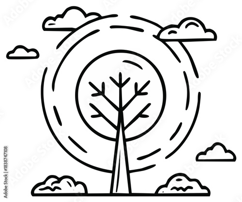 Minimalist outline drawing of a solitary tree with stylized clouds and circular patterns representing wind or sun