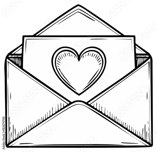 Hand-drawn love letter with a heart symbol emerging from an open envelope sketch illustration