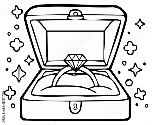 Detailed line art illustration of an open ring box with a sparkling diamond engagement ring inside