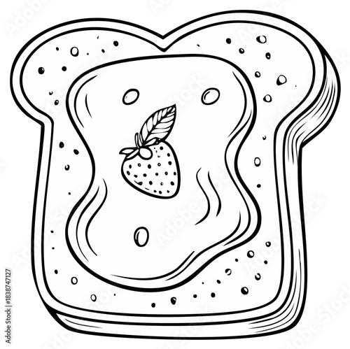 Outlined illustration of a slice of toast with strawberry jam and a strawberry