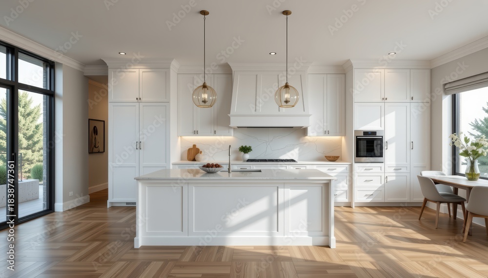 Fototapeta premium Modern kitchen design with bright lighting and minimalist decor.