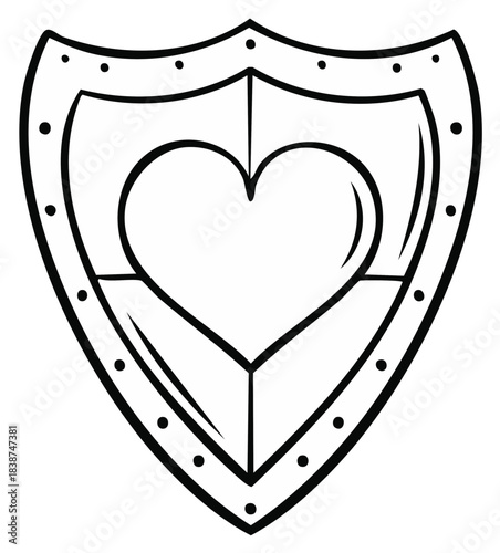 Black and white line art of a shield protecting a loving heart emblem