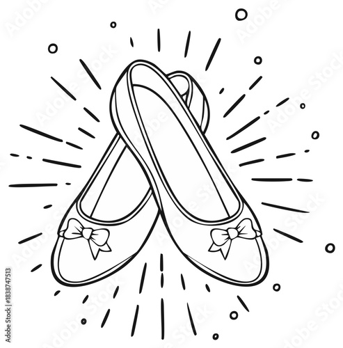 Whimsical Hand-Drawn Ballet Flats with Bows and Bursting Rays