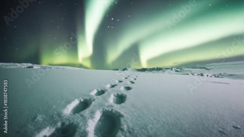 Footprints lead through snow under aurora borealis. Northern lights dance in the night sky