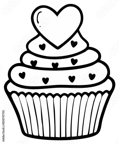 Valentine cupcake with a heart topper and sprinkles black and white line art illustration for coloring