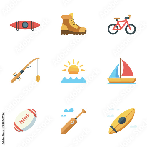 Outdoor adventure icon set, surfing cycling fishing sailing kayaking, active recreation celebration elements, colorful flat vector illustration