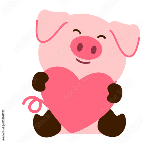 Cute pink pig holding a big heart with a sweet smile, illustrated in a lovable cartoon style, perfect for love themes, cards, and gifts.