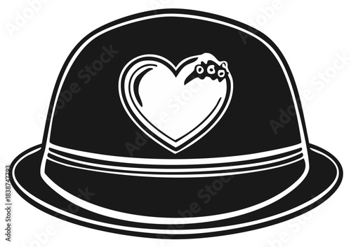 Whimsical monster with many eyes biting a love heart on a traditional police helmet icon