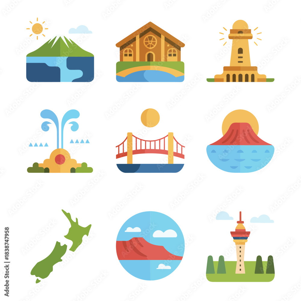 Obraz premium Cultural heritage icon collection, masks drums carvings boats houses, traditional festival celebration elements, vibrant flat vector design