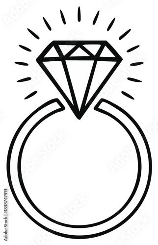 Hand drawn outline diamond engagement ring with radiant sparkle effect