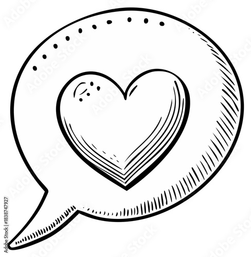 Hand drawn speech bubble with a heart symbol inside representing a love message or comment