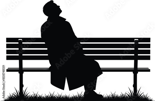 Person sitting on bench silhouette, reflective pose vector, solitude and contemplation concept, cad drawing flat vector illustration artwork