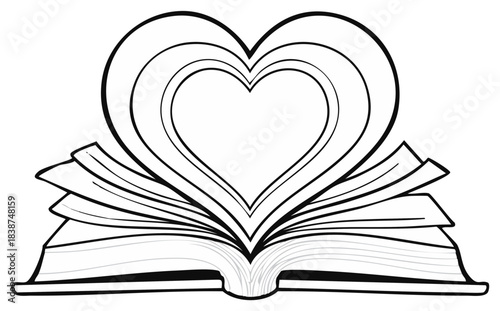 Heart Shape Formed by Open Book Pages, Valentine's Day Theme, Black and White, Line Art