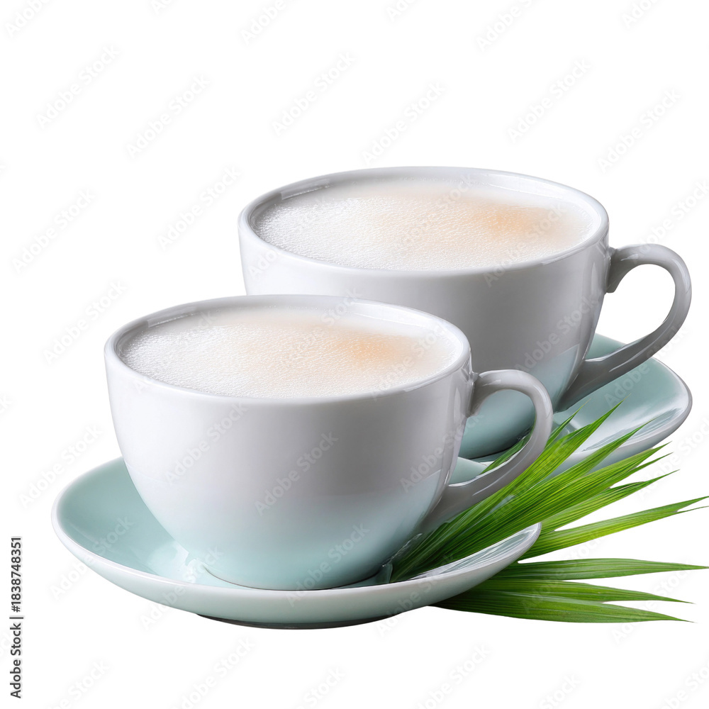 Naklejka premium Two Elegant Cups of Coffee with Foam on a Saucer Surrounded by Fresh Green Leaves for Cozy Atmosphere