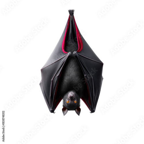 Close-Up View of a Bat Hanging Upside Down with Wings Spread in a Dark Environment