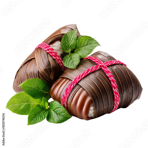 Delicious traditional rice dumplings with sweet filling wrapped in leaves and tied with colorful twine