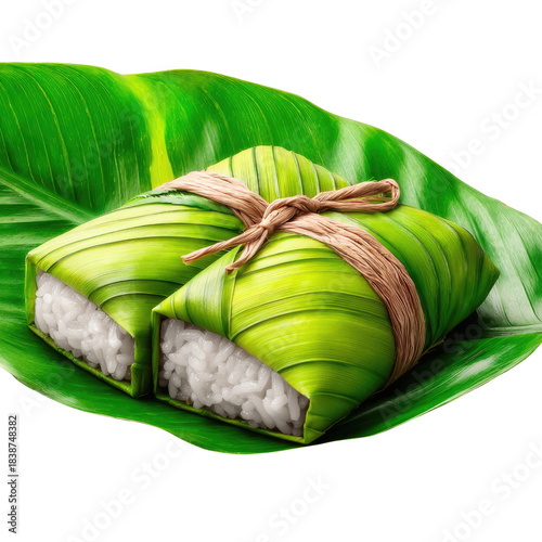 Traditional Steamed Rice Wrapped in Bamboo Leaves on a Leafy Background for Culinary Themes and Cooking Ideas