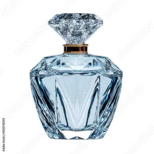 Elegant crystal fragrance bottle with diamond cut design and reflective surface on white background